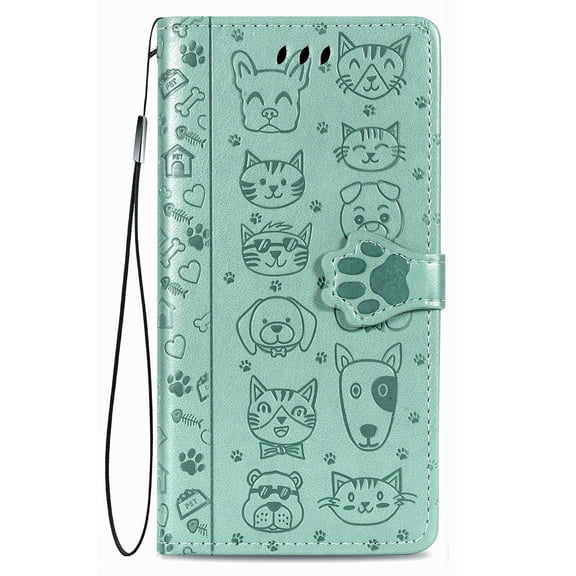 Samsung Galaxy A14 5G Phone Case, Emboss Cat PU Leather Wrist Strap Shockproof 360 Full Protection Magnetic Stand Wallet Shell Slim Folio Flip Case Cover Samsung A14 5G 6.6", Green