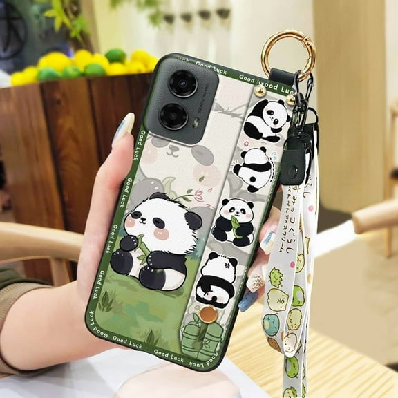 KBS-Phone Case For MOTO G 5G 2024, Kickstand Anti-knock Phone Holder Dirt-resistant Fashion Design Lanyard Anti-dust Silicone Soft case Protective Ring Cartoon Panda Back Cover Wristband