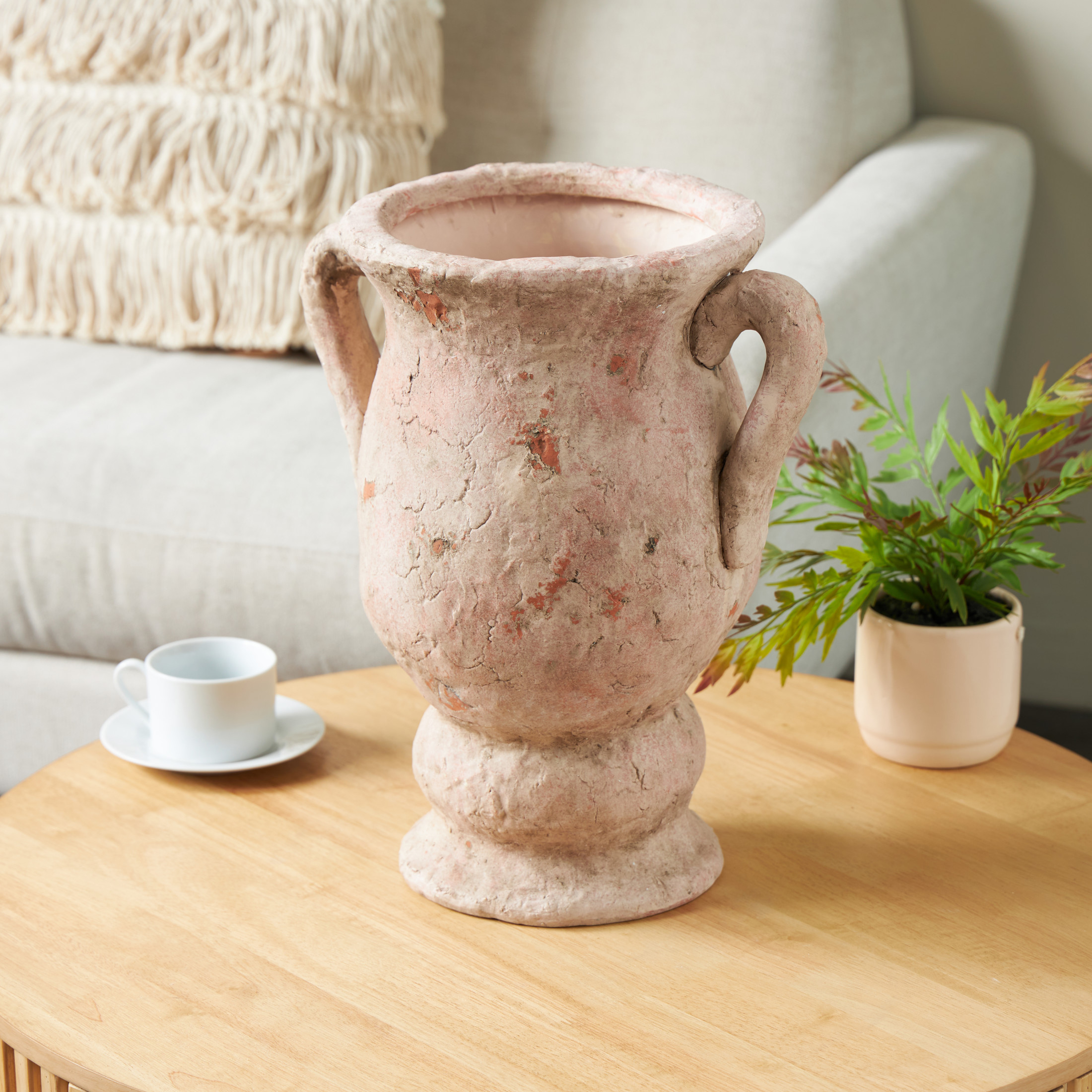 DecMode 17" Antique Style Distressed Pink Ceramic Vase with Handles