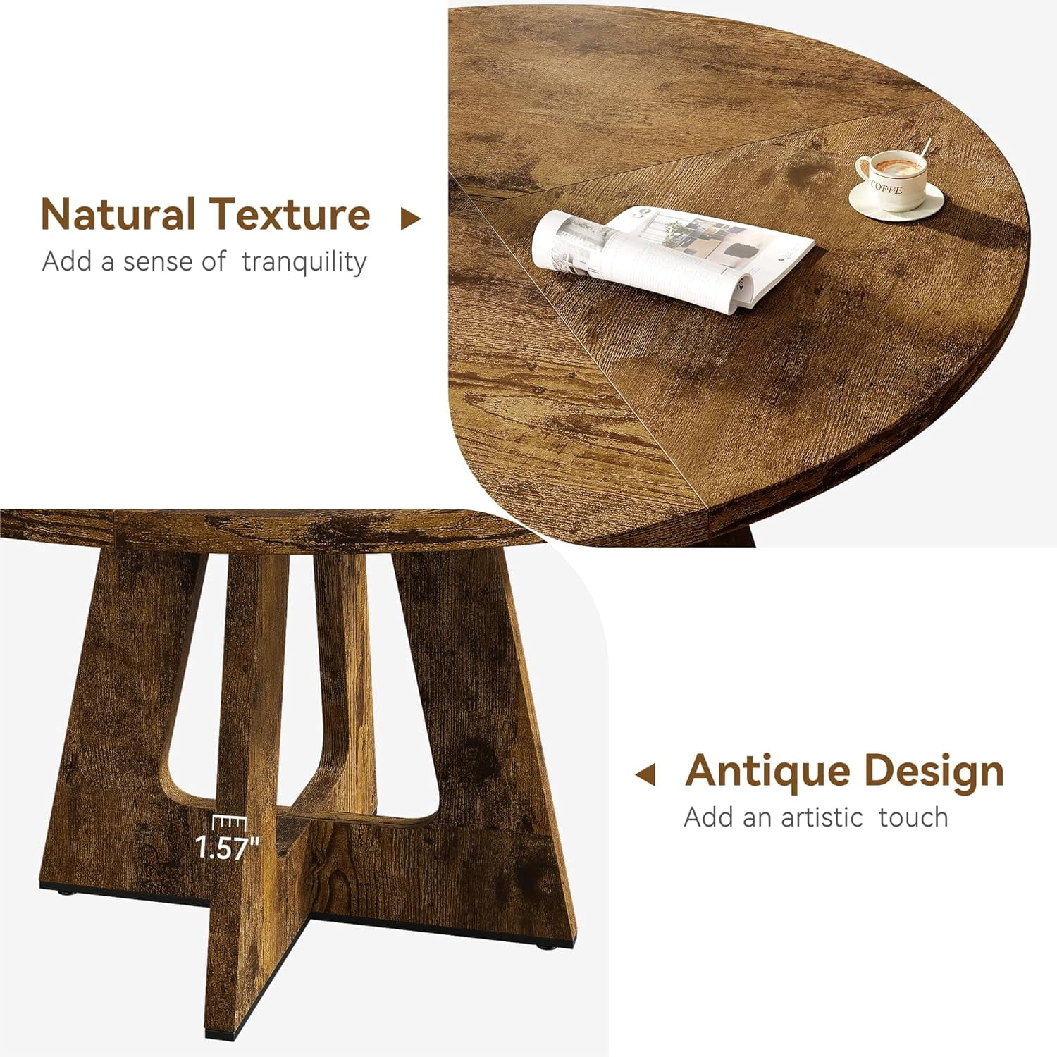 47" Round Dining Table Set for 4 to 6, Farmhouse Kitchen Table with Wooden Top and Pedestal Base, Circle Dinner Table for Dining Room, Kitchen Room - Rustic (No Chairs)