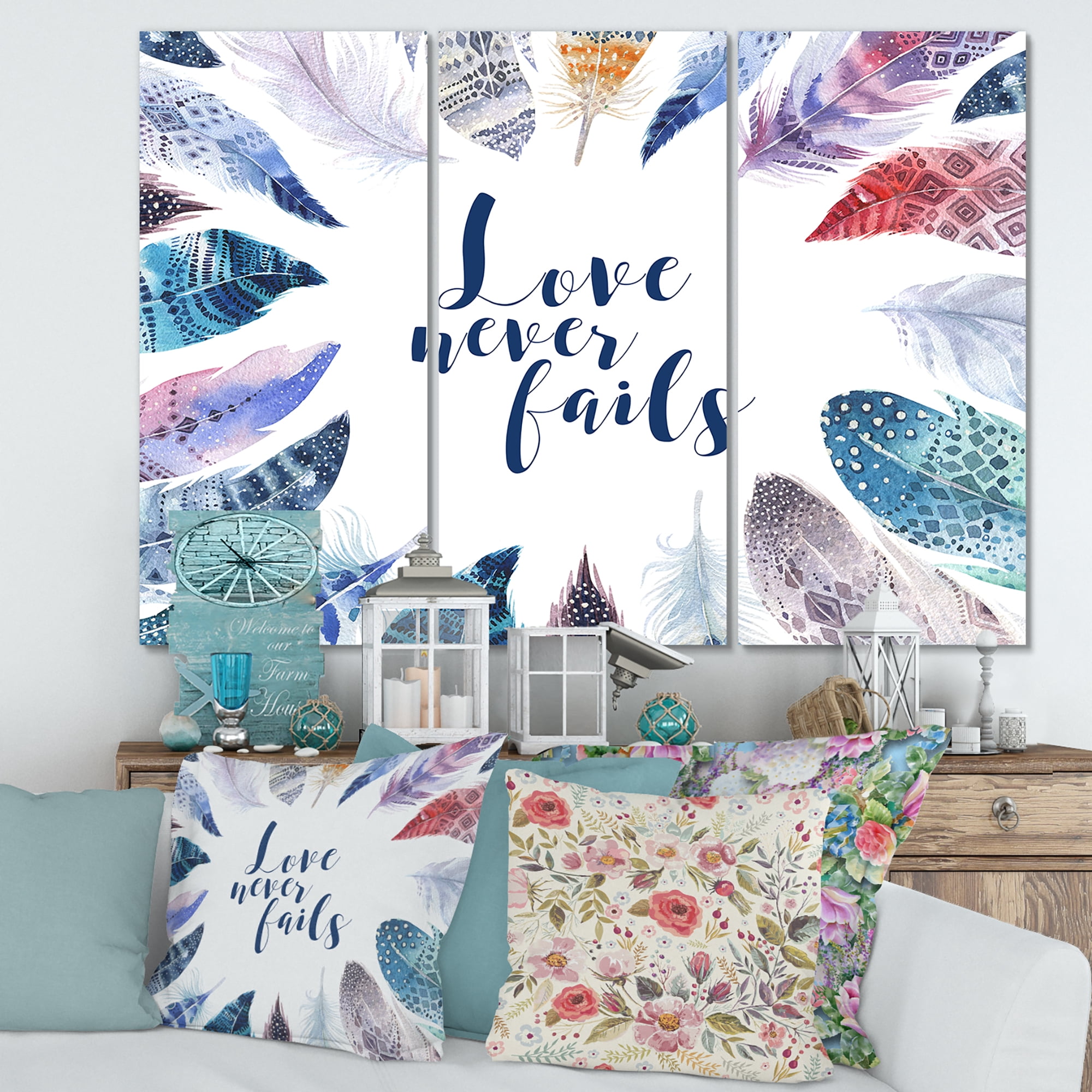 Designart ' Inspiring Quote With Boho Feathers ' Bohemian & Eclectic Canvas Wall Art Print