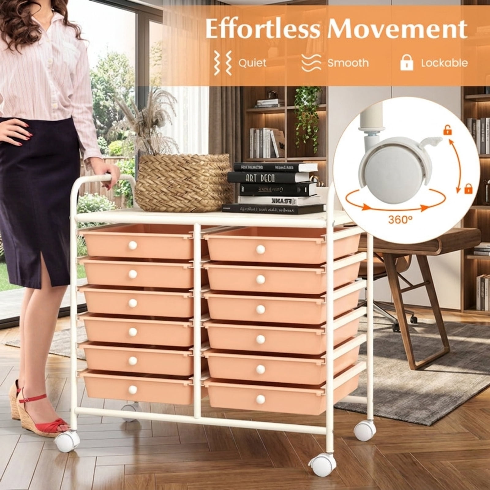 Furnibear 12 Drawers Rolling Storage Cart for Home and Office Multi Organizer for Craft Room Classroom, Peach