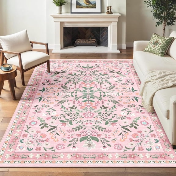 Floral Washable Rug, Area Rugs For Bedroom Low Pile Carpet - Ultra Soft, Non-Slip & Machine Washable Indoor Rug For Living Room, Dining Room, Nursery, Kids Playroom Pink 4x6ft