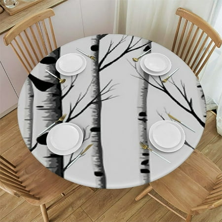 

Xlo0ole Decorative Round Table Cover Elastic Tablecloth Birch Tree Polyester Fitted Table Cover Elastic Edged Forest Seasonal Woodland Leafless Branches Print Fabric Table Cover 31-35