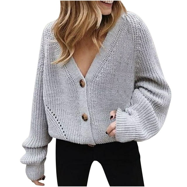 LOVZFMLL Women's Sweaters V-Neck Ribbed Cardigan Sweaters Solid Color Button Casual Loose Long Sleeve Tops Warm Fall Winter Clothes