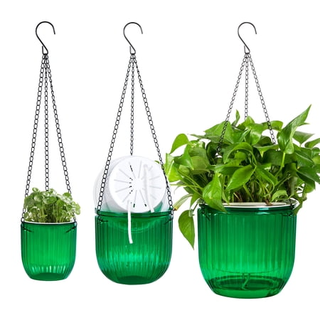 QCQHDU 3-Pack Hanging Planters for Indoor Plants Plant Hanger Holders with Drainage Hole and Chain,Plastic Hanging Flower Pot with 3 Hooks for Indoor Outdoor Garden Home Patio Decor (Green)