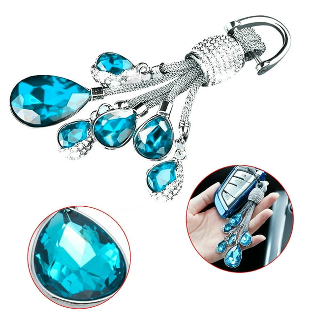 Anillo de llavero de coche de ajuste universal, llavero de joyería de cristal brillante con forma de gota de agua, anillo de llavero de diamante brillante, accesorios de decoración lindos, azul