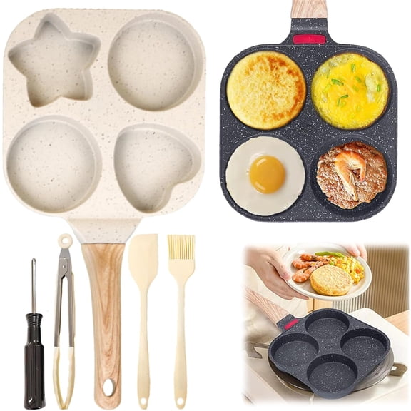 Non-stick Egg Frying Pan, 4 Holes Skillet with Handle, Multifunctional Wooden Handle Medical Stone Omelet Cookware, for Eggs, Sandwich, Pancakes, Compatible with Gas Stove & Induction Cooktop (Black)