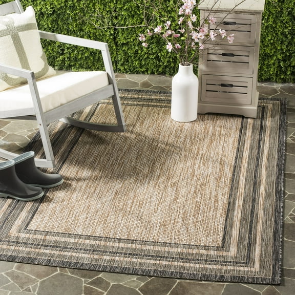 SAFAVIEH Courtyard Ercan Striped Indoor/Outdoor Area Rug, 5'3" x 5'3" Square, Natural/Black