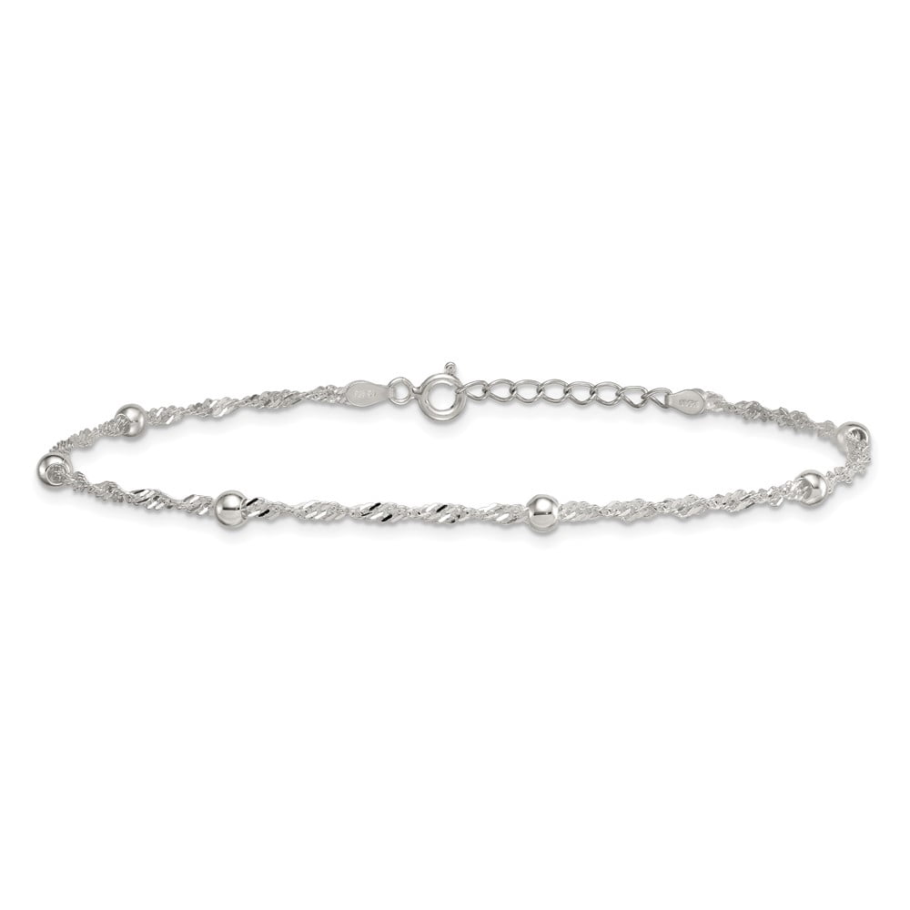 Sterling Silver Polished and Beaded 6-Station Fancy Link 9 inch with 1 inch Extension Anklet