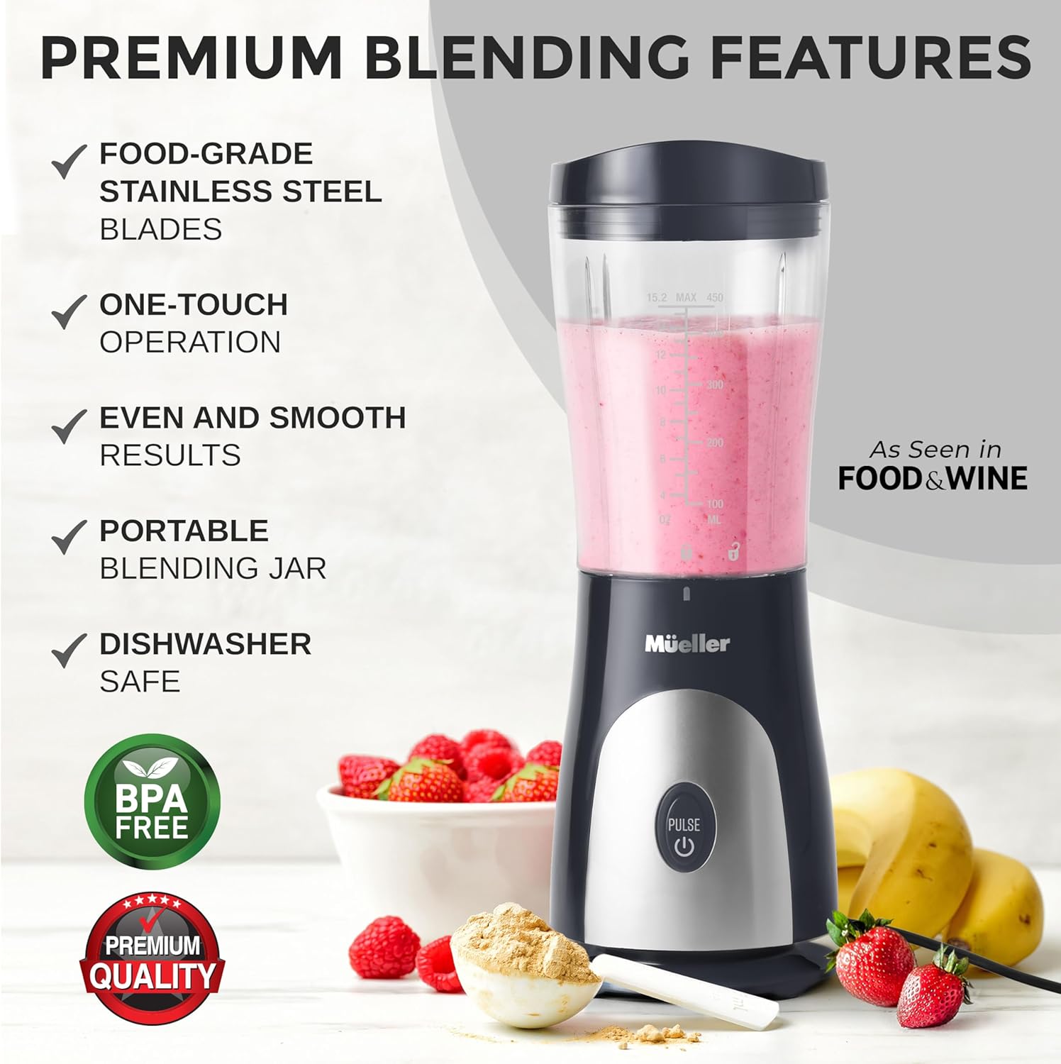 MÜELLERHOME Smoothie Blender for Smoothies-PersonalBlender for Shakes,Frozen Drinks,Baby Food & More,15oz Travel Cup and Lid,Durable Stainless Steel Blades for Powerful Blending Performance,Grey