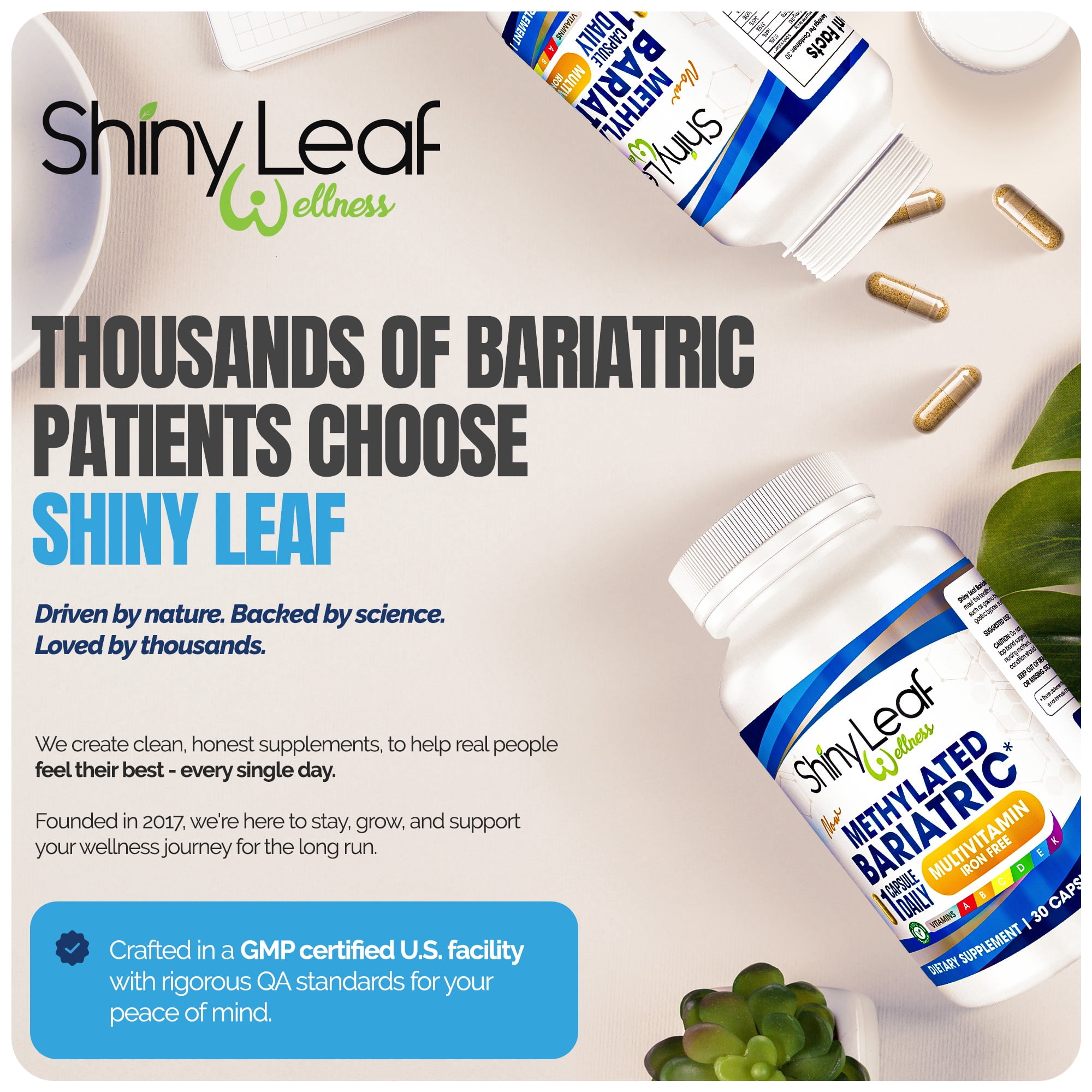 Shiny Leaf Methylated Bariatric Multivitamin Without Iron – 1 Daily Capsule with Methylated Folate & B12, Vitamins A, C, D, Biotin, Zinc, K – For Gastric Bypass & Sleeve – Vegetarian, Soy-Free, 60ct