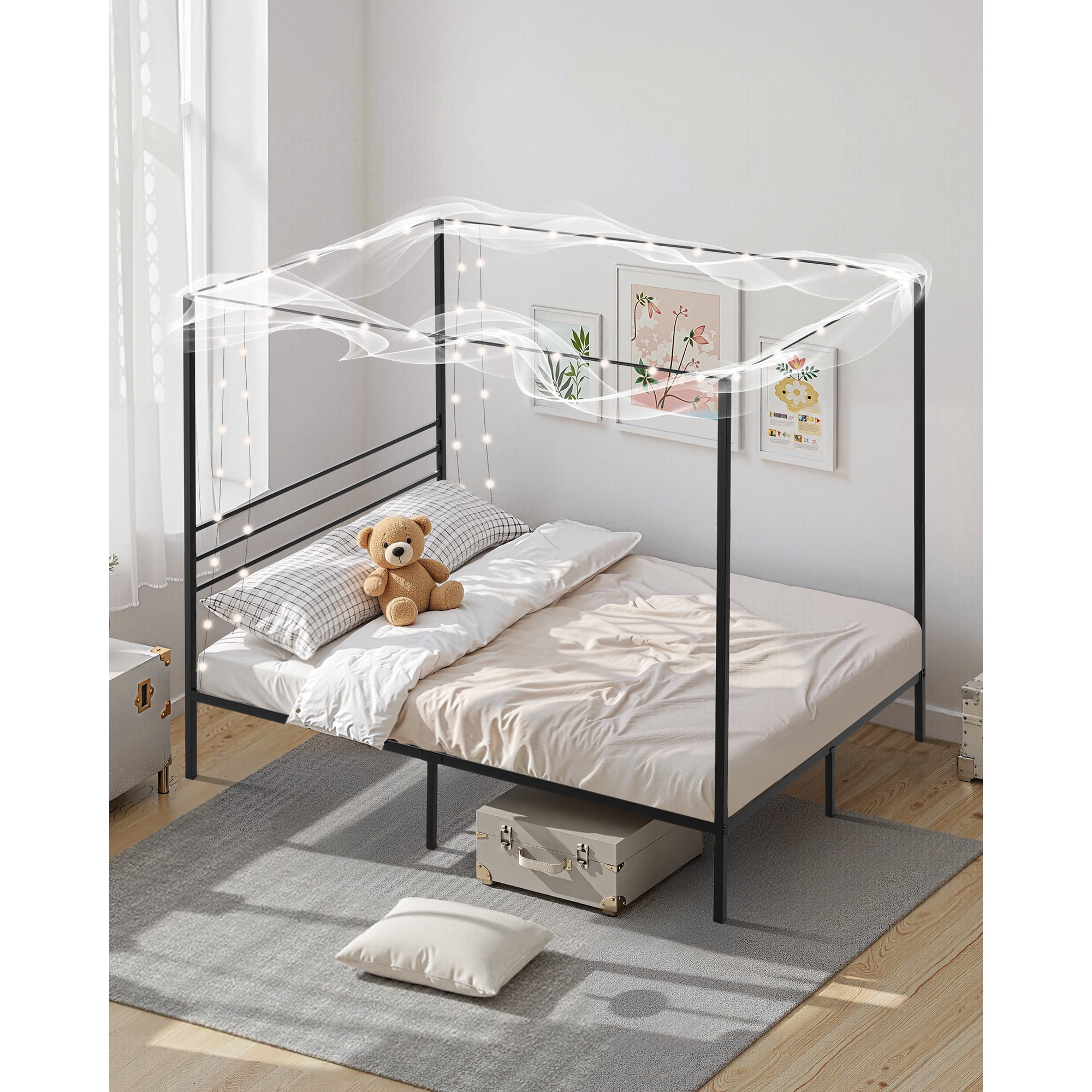 KFFKFF Queen Size Canopy Bed Frame for Bedroom, Durable Steel Bed Frame, Ample Underbed Storage, No Box Spring Required, Simple Assembly, Black