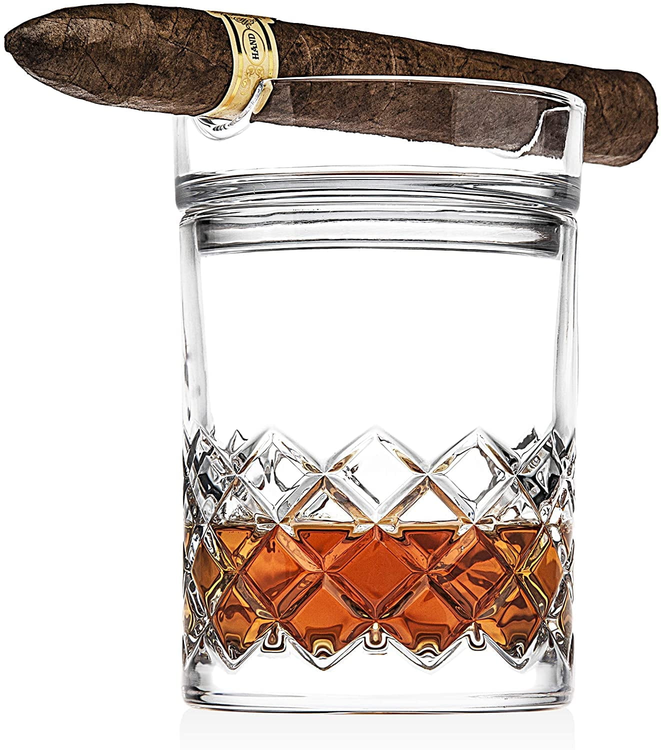 Maypes Cigar Whiskey Glass Combo - 11oz Old Fashioned Whiskey Glass with Stackable Cigar Holder and Desktop Humidor w/Hygrometer - Spanish Cedar – Exterior: Mahogany Finish – Holds 25-50 Cigars