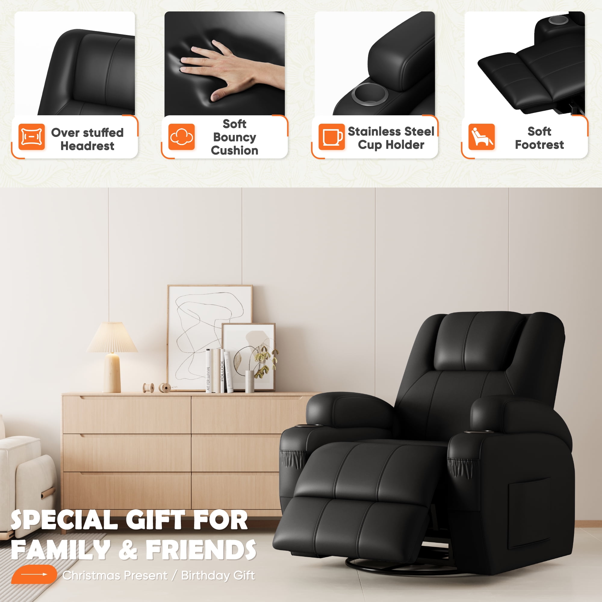 Furmax 360° Swivel Rocking Chair Power Massage Recliner With nursing Needs Oversized Furniture For Living Room,,PU Black