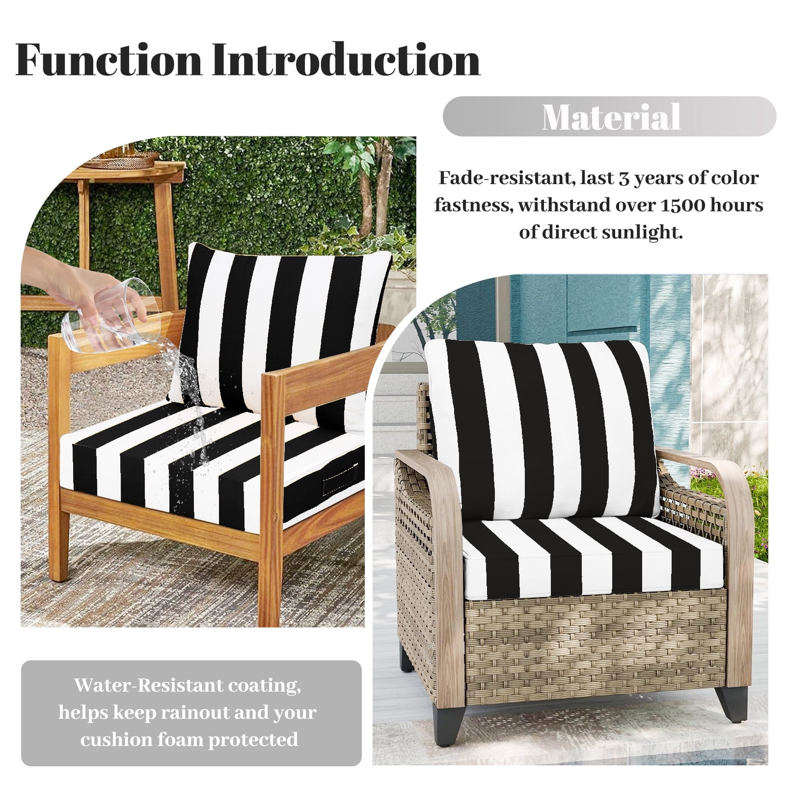Outdoor Deep Seat Cushions Set, 24x24x4.3 inch, Fade Resistant, Waterproof Patio Chair Cushion with Backrest(black white）