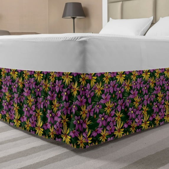 Floral Bed Skirt, Repeating Colorful Garden Art with Lilies, Elastic Bedskirt Dust Ruffle Wrap Around for Bedding Decor, 4 Sizes, Multicolor, by Ambesonne