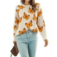 thumbnail image 3 of Women'S Casual Butterfly Print Knitted Pullover Sweaters Long Sleeve Crew Neck Jumper Tops Apricot M, 3 of 9