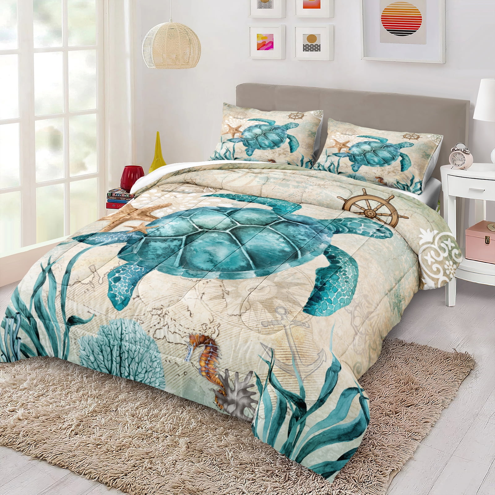 Turtle Comforter Set Ocean Themed Comforter Teal Blue Turtle Pattern Beach Comforter Soft Microfiber Bedding Sets Queen Size 4 Pieces Bedding