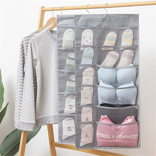 Fiudx Organizador Colgante de Doble Cara, de Tela No Tejida, con Bolsillos de Malla Transparente y Ganchos Giratorios, Ideal para Guardar Ropa Interior y Sujetadores, Beige o Gris, 80 X 40 Cm.