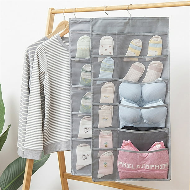 Xihbxyly Organizador Colgante de Doble Cara, de Tela No Tejida, con Bolsillos de Malla Transparente y Ganchos Giratorios, Ideal para Guardar Ropa Interior y Sujetadores, Beige o Gris, 80 X 40 Cm.