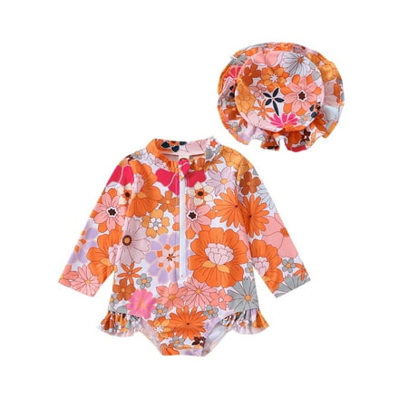

Bagilaanoe Newborn Baby Girl One-Piece Swimsuit Print Long Sleeve Zipper Rashguard Swimwear + Hat 6M 12M 18M 24M Infant Ruffle Ruffle Bathing Suit