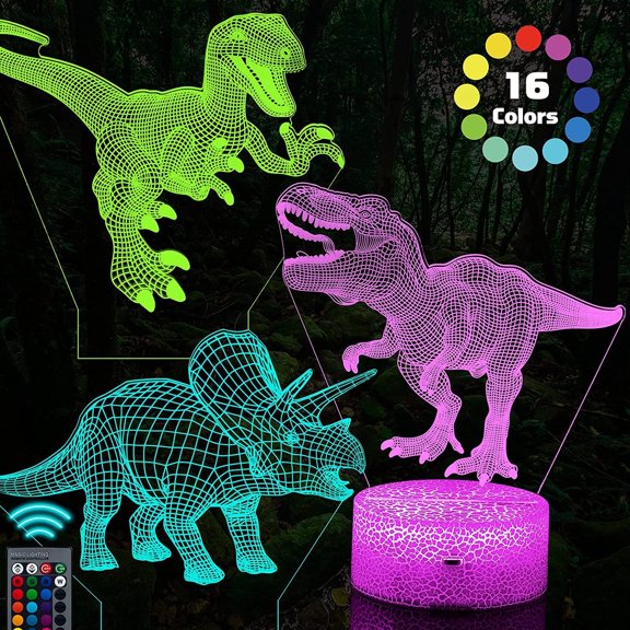 3D Illusion Table Lamp, 3 Pcs Dinosaur Night Light with Remote Control & 16 Colors Changing, LED Dinosaur Gifts for Bedroom, Boys Girls Age 3 Year Old