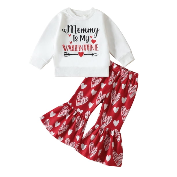 Sudadera Para Niños Pequeños Moda Para Niñas Lindas Manga Larga Corazón Dulce Estampado De Letras Volantes Pantalones Acampanados Traje Blanco Odeerbi LM103-9436