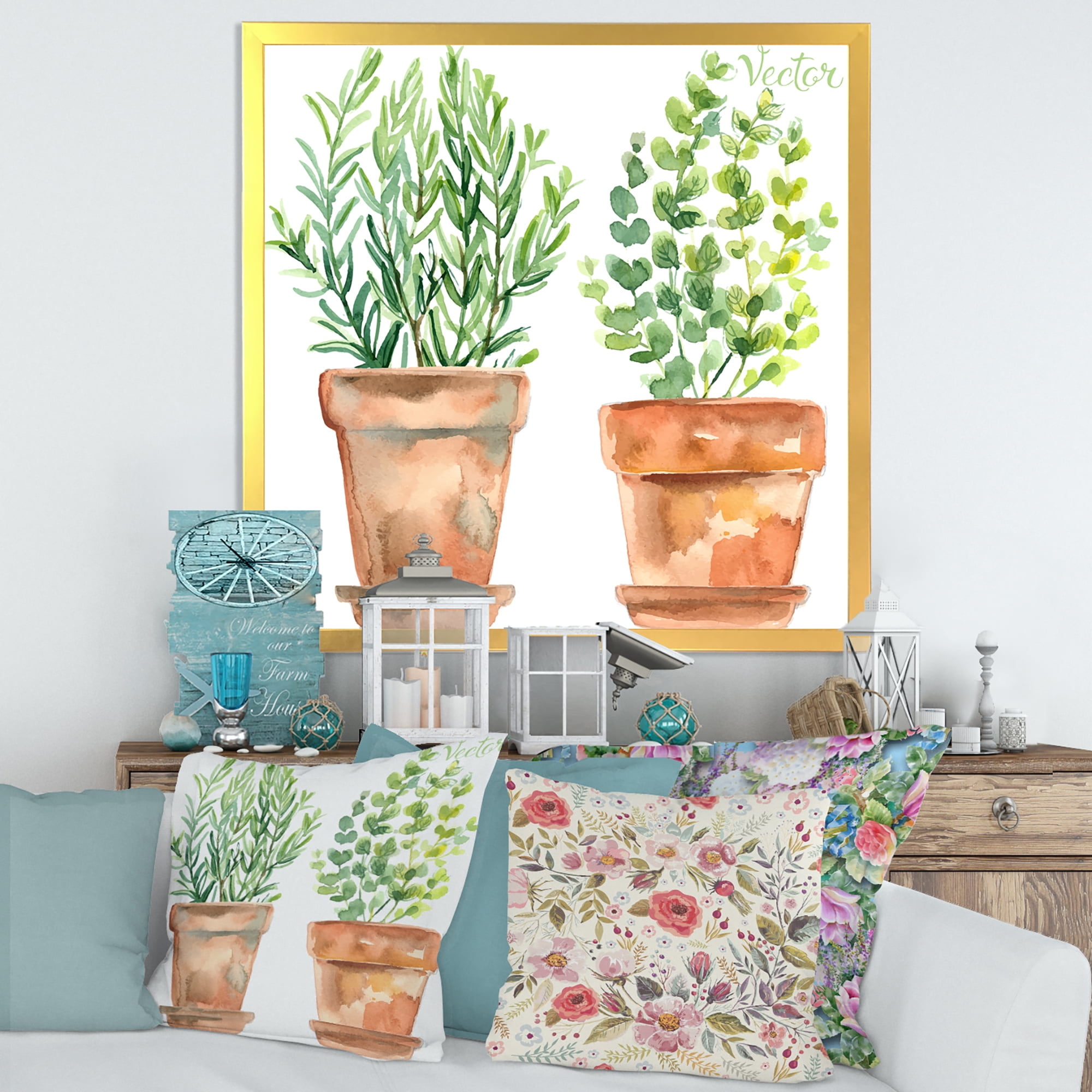 Designart 'Two Green House Plants In Orange Cly Pots' Traditional Framed Art Print