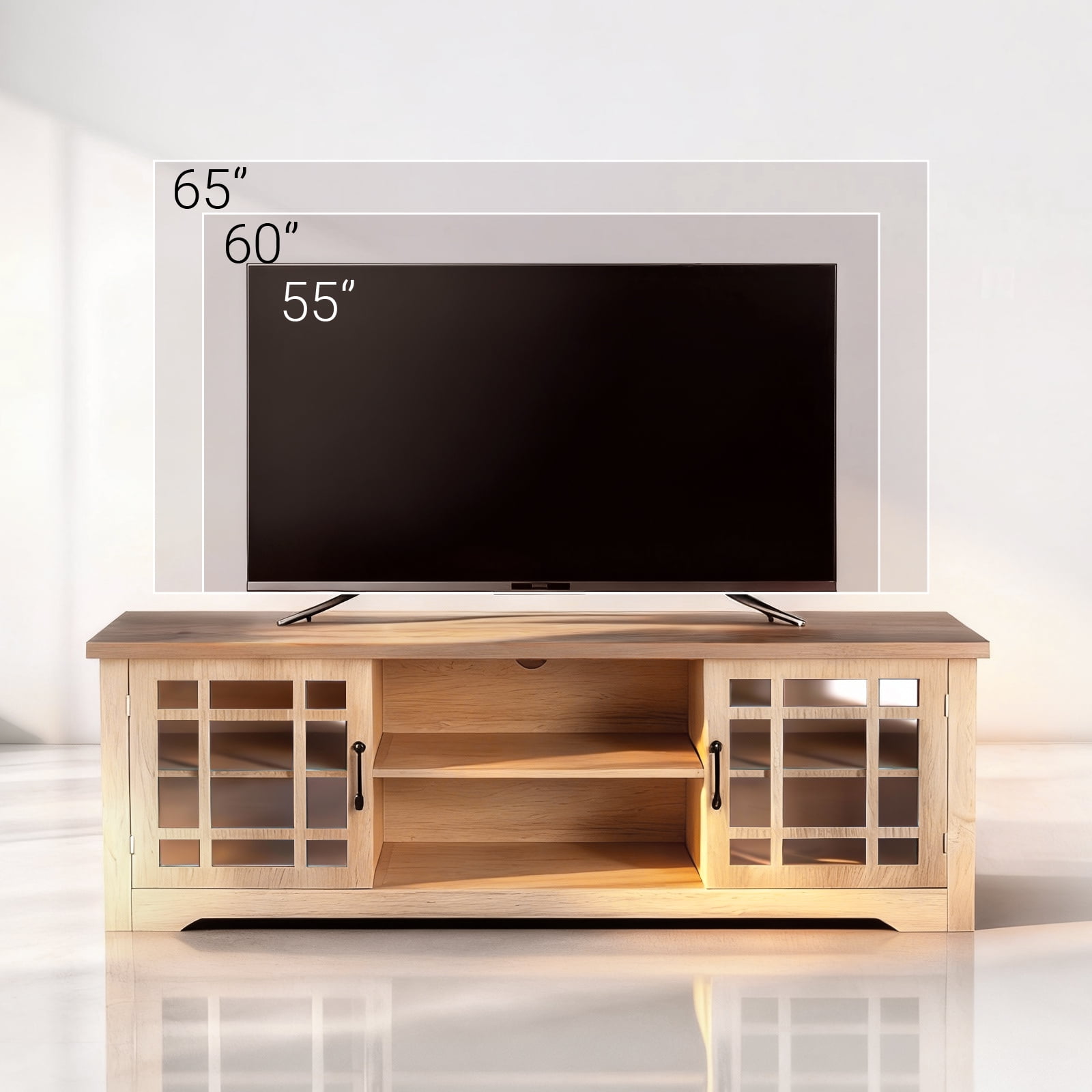 Ktaxon Farmhouse TV Stand with 2 Glass Door, Mid-Century Wood Storage Media Cabinet Entertainment Center for TVs up to 65", Wood and Brown Top