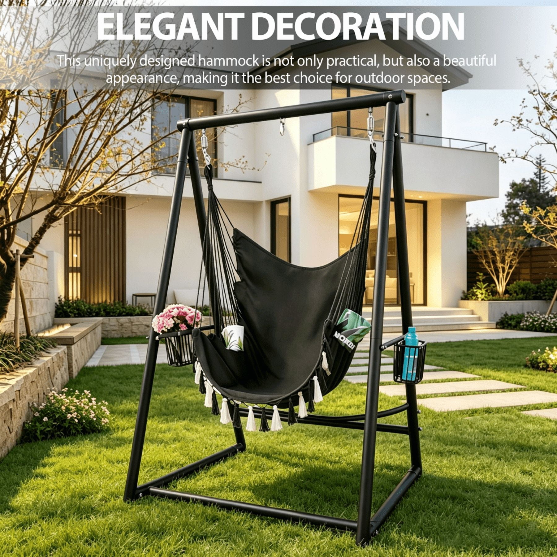 Hammock Chair Hanging Rope Swing & Stand Set with Two Holders, Heavy Duty Hanging Stand with Three Hooks, Multi-Use for Indoor Outdoor Patio Yard Garden (Black)