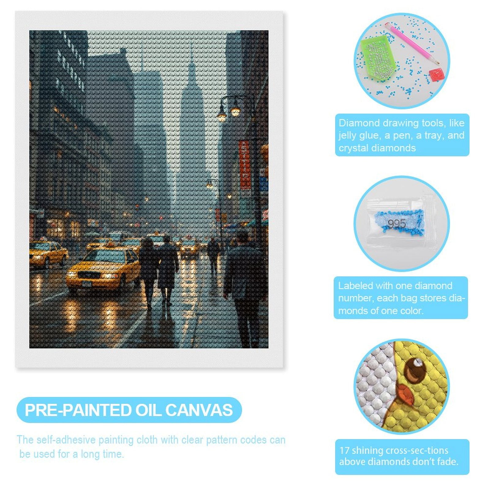 Diamond Art Kits for Adults, Urban City Street Yellow Cabs 5D Diamond Painting Kits for Adults Beginners, DIY Full Drill Diamond Painting, Gem Art and Crafts 12x16