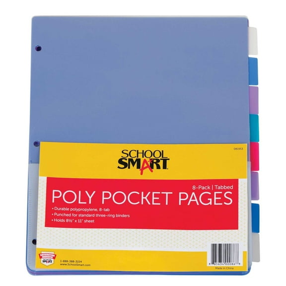School Smart Tabbed Poly Binder Pocket Page, Assorted Colors, 1 Set of 8