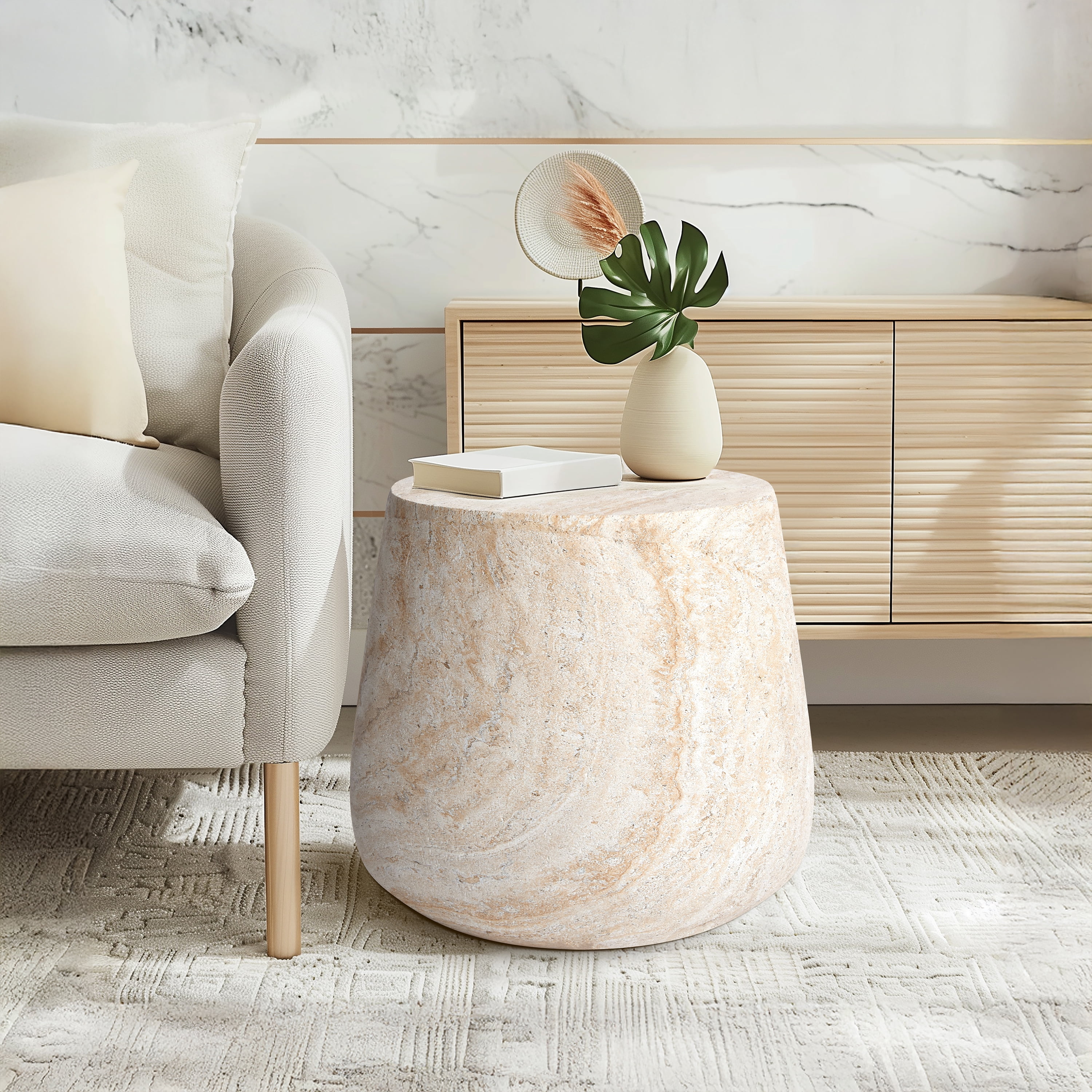 Barrel Travertine Stone Finish Italian Design MgO Side Accent Table