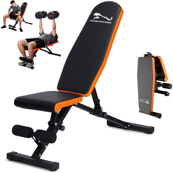 Adjustable Weight Bench, Heavy Duty Home Gym Equipment 1000 lbs Capacity, 8-Backrest & 3-Seat Positions, Incline/Decline/Flat, Space-Saving Foldable Bench for Full Body Workout, Square Tube, Orange