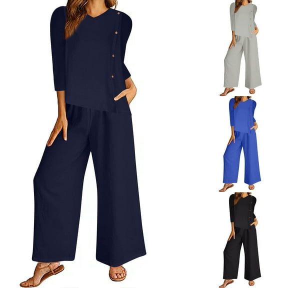 Swuxness Women Casual Elbow Length Two Piece Set, Women Wide Leg Long Pants Sets, Women's Solid Color V Neck Top and Long Pants Outfit Sets With Pockets Sets Blue, XXXL