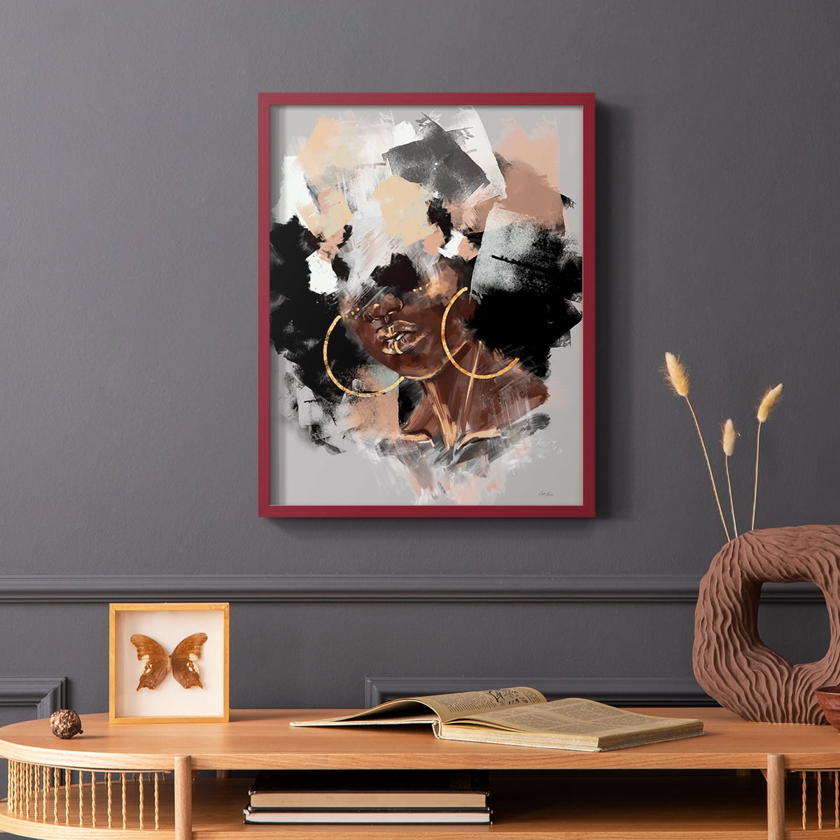 Afro Pop Framed Print in Red Solid Wood Framed Print No Nail Hanging