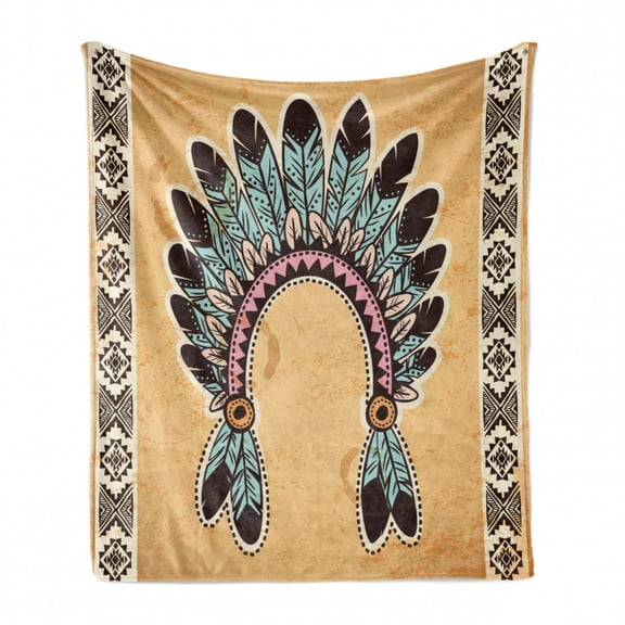 Tribal Soft Flannel Fleece Throw Blanket, Feather Headband on Vintage Background Folk Aztec Illustration, Cozy Plush for Indoor and Outdoor Use, 70" x 90", Pale Brown Mint, by Ambesonne