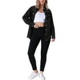 thumbnail image 2 of INSPIRE CHIC Women's Oversized Denim Frayed Hem Long Sleeve Button Up with Pockets Jean Jacket L Black, 2 of 6