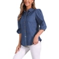 thumbnail image 4 of Camisa de mezclilla INSPIRE CHIC para mujer con mangas abullonadas de 3/4, cuello y botones, color azul oscuro, 4 of 5