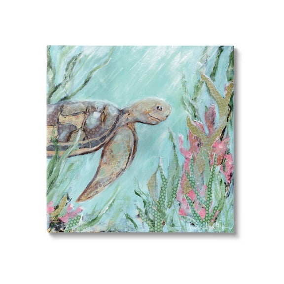 Stupell Underwater Sea Turtle Swimming Coral Landscape Painting Gallery Wrapped Canvas Print Wall Art