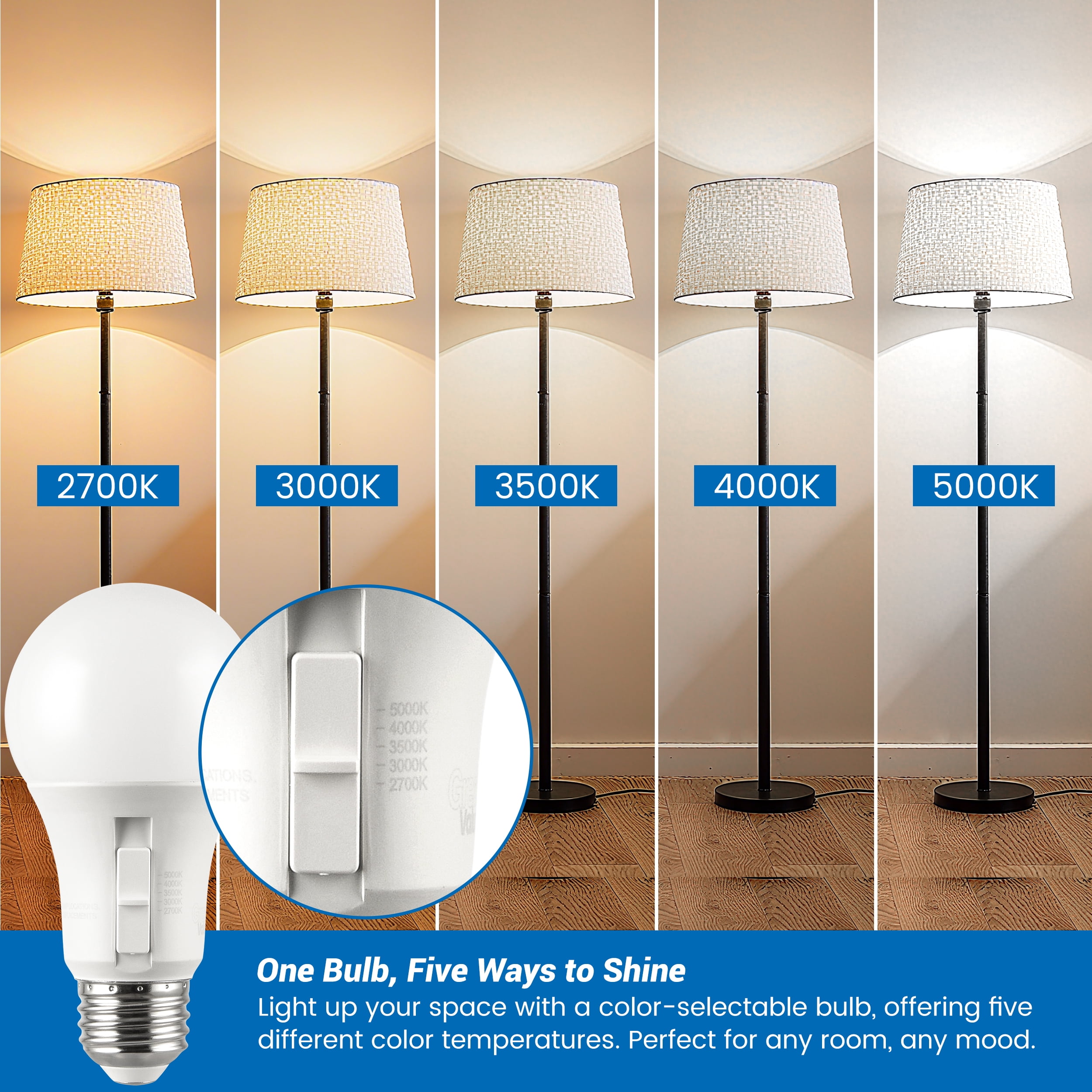 Green Watt 5-CCT White Filament A19 LED Bulbs, 7-Watt (60W Equivalent) E26 Medium Base, Dimmable (4-Pack)