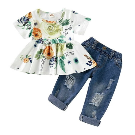 

Baby Girl Floral Crop Tops+Hole Denim Pants Jean Toddler Kid Clothes Outfits Set Girls Thanksgiving Outfit