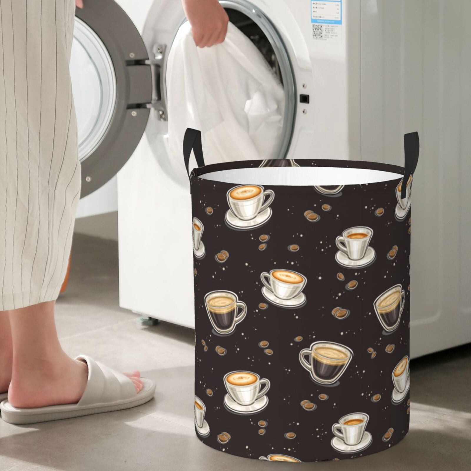 Large Laundry Basket with Handles - Black White Mug Coffee Print Kids Baby Dirty Clothes Laundry Hamper for Bedroom Aesthetic