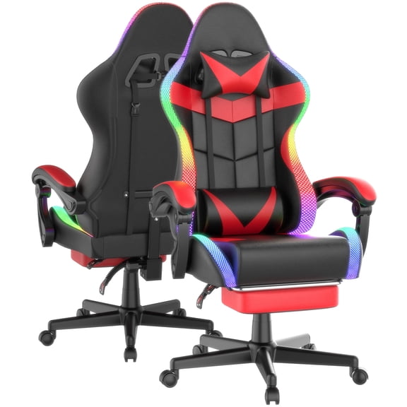 Wasait Gaming Chair with Footrest, RGB LED Lights, High Back Office Chair with Headrest and Massage Lumbar Support Swivel Ergonomic Gamer Chair for Adults, Red