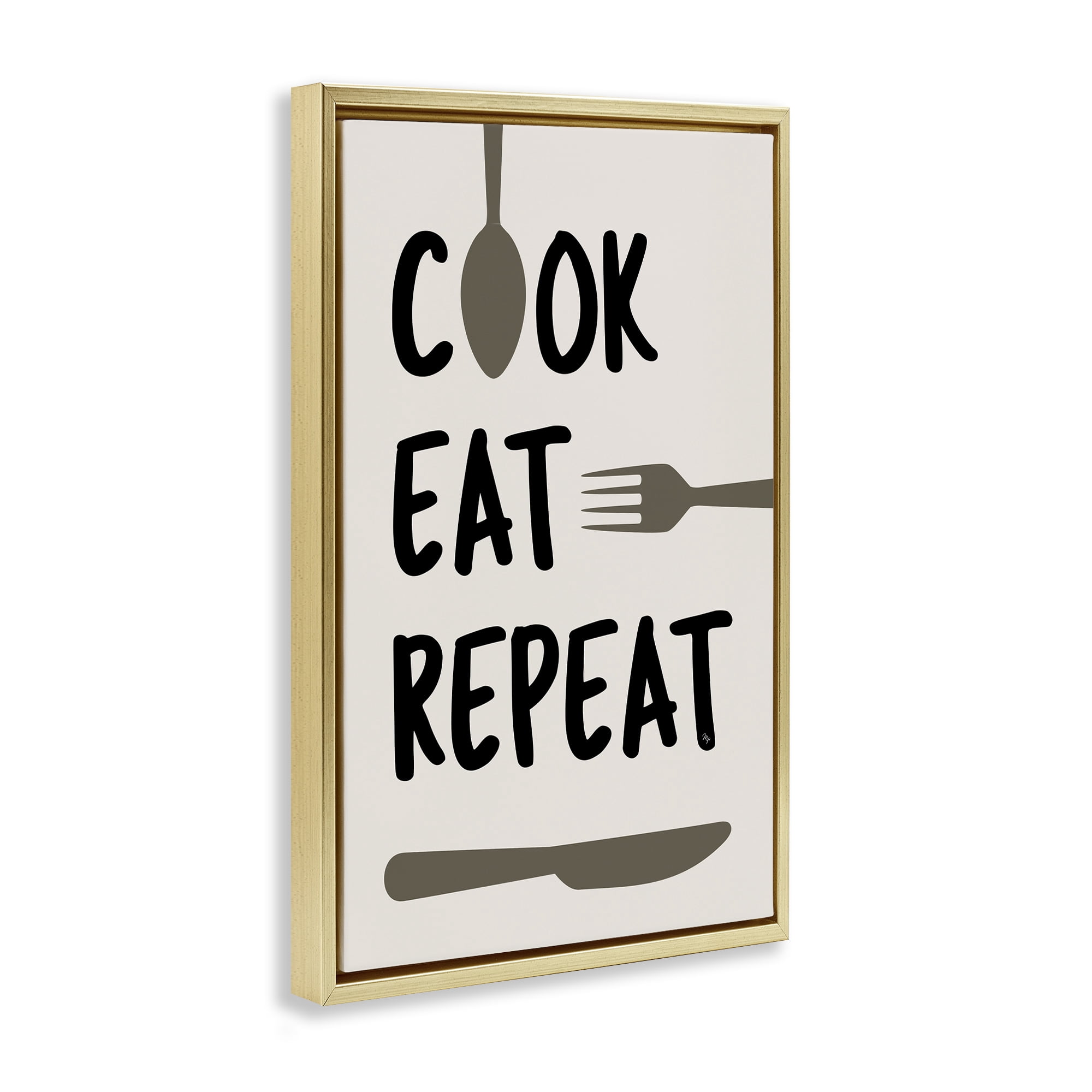 Stupell Industries Cook Eat Repeat with Utensils Gold Framed Floater Canvas Wall Art, design by Martina Pavlova