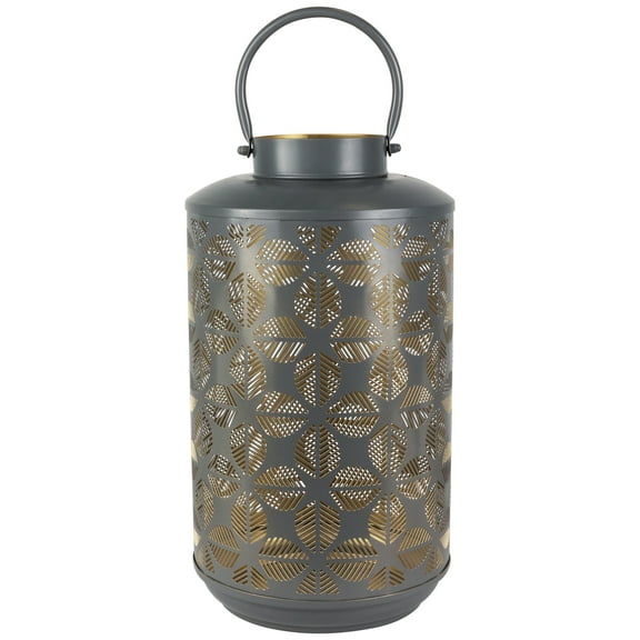 Northlight Laser-Cut Large Iron Candle Lantern with Handle - 15.25" - Gray and Gold