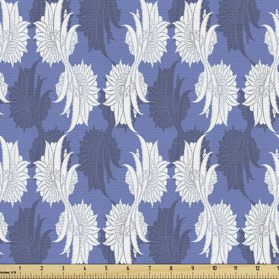 Floral Fabric by the Yard, Vintage Oriental Botanical Motif with Eastern Art Flowers, Upholstery Fabric for Dining Chairs Home Decor Accents, Ceil Blue Indigo by Ambesonne