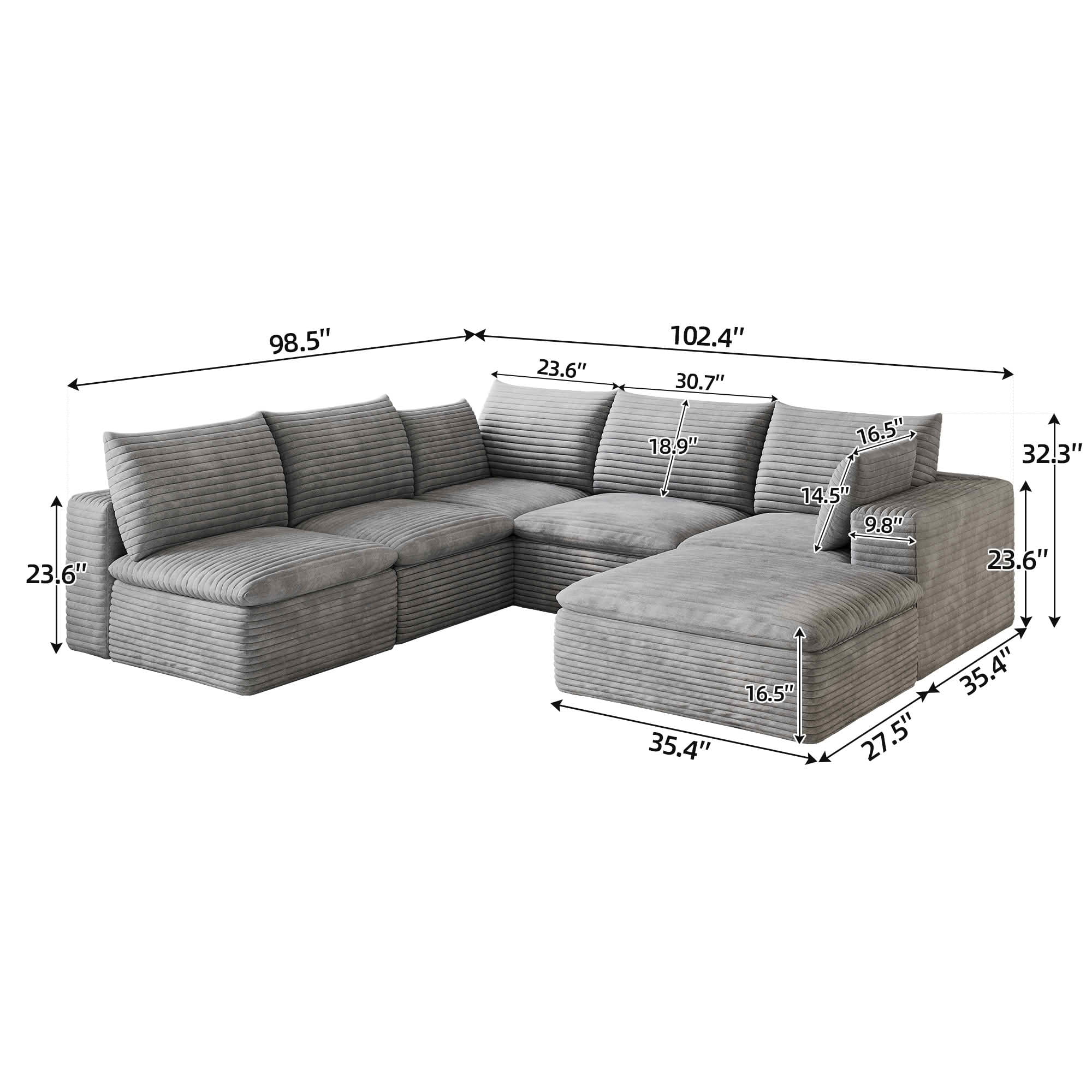 MAYEERTY 99*103" Corduroy Cloud Sofa, Modular Deep Seat Couch with Removable Cushion & Double-Layer Design, No Assembly Leisure Sofa for Home & Office