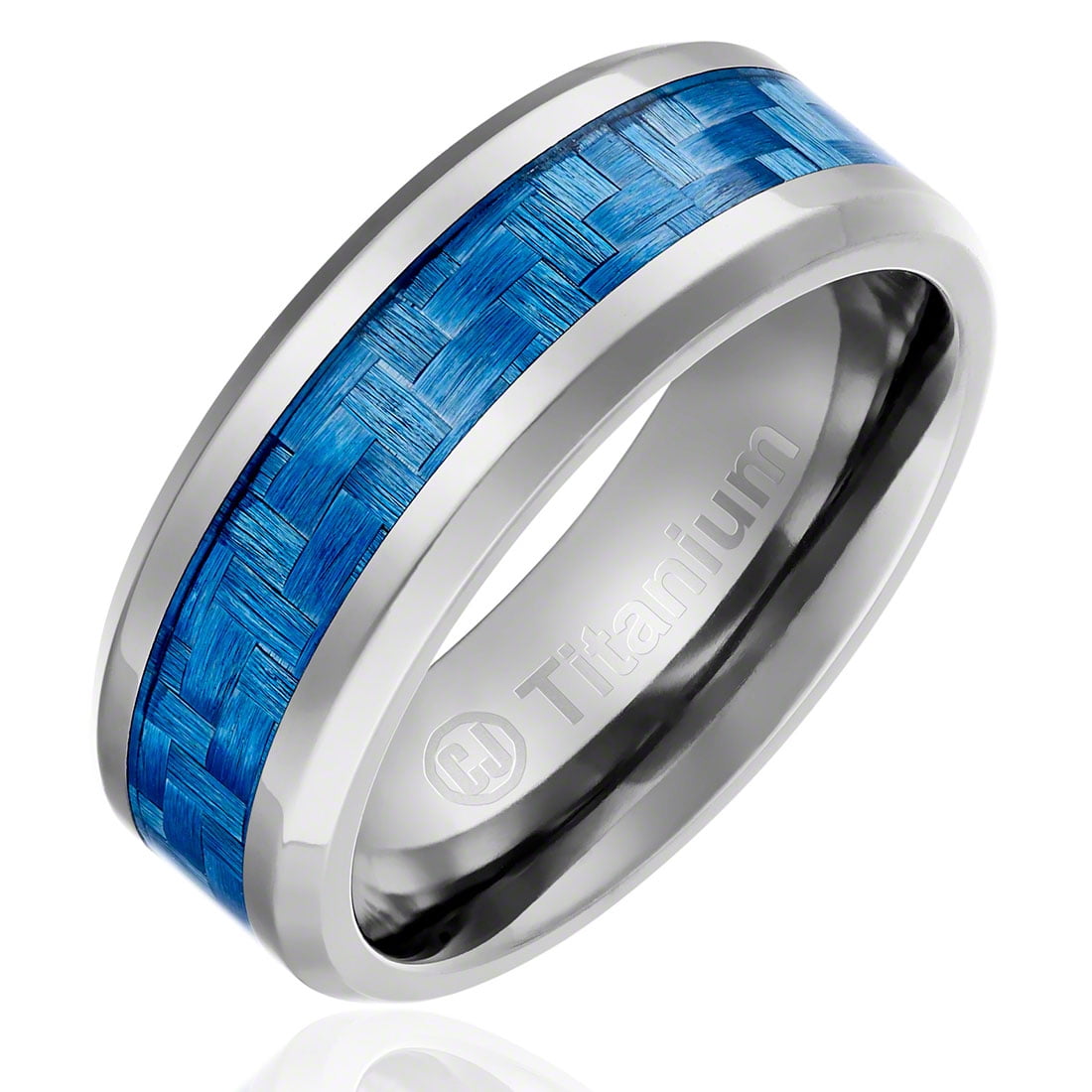 Mens Wedding Band in Titanium 8MM Ring with Light Blue Carbon Fiber
